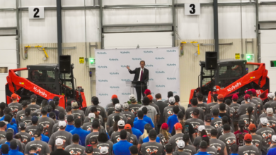 David Disberger, president and CEO of Great Plains Manufacturing, speaks during the SVL75-3 production celebration in Salina, Kansas.